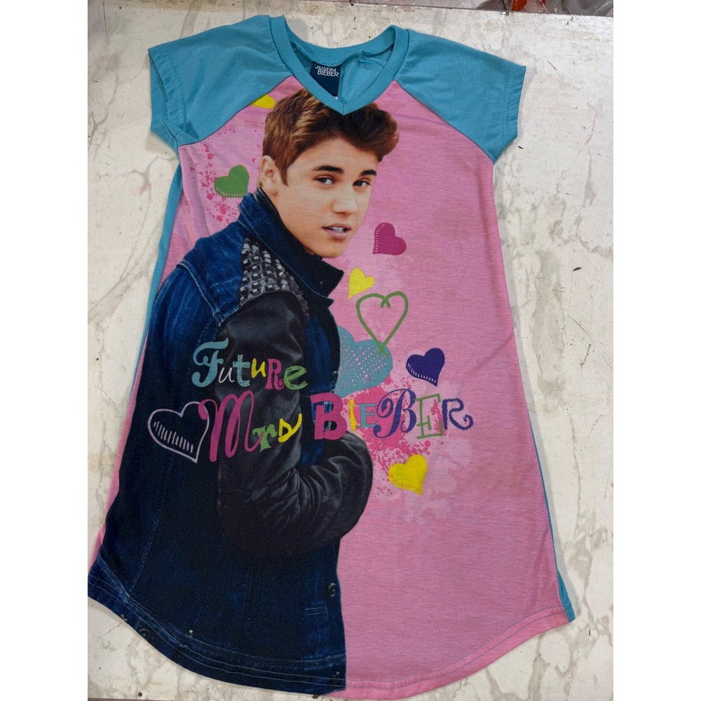 Justin Vintage Bieber Nightgown Kids Size 7/8 Pink Blue Good Future Mrs Bieber